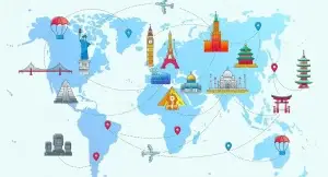 World map with main cities landmarks