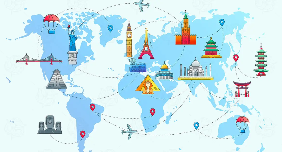 Illustrated world map of top event destinations for MIT Creators, Barcelona’s expert DMC—landmarks, flights & location markers featured.